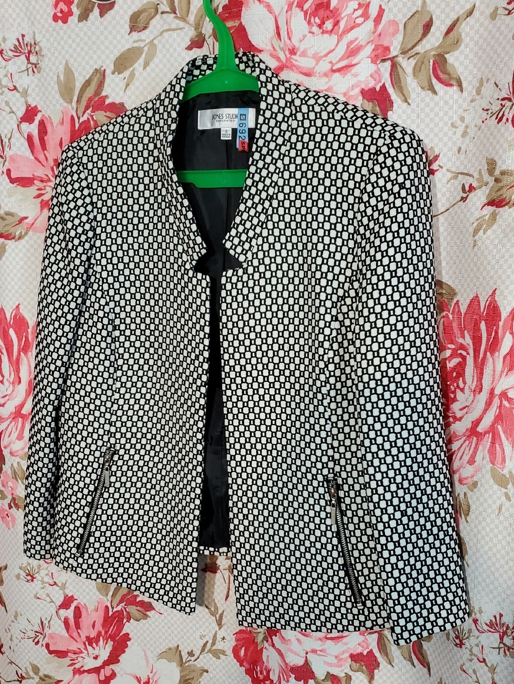Anne Klein Black and White Patterned Open-Front Blazer